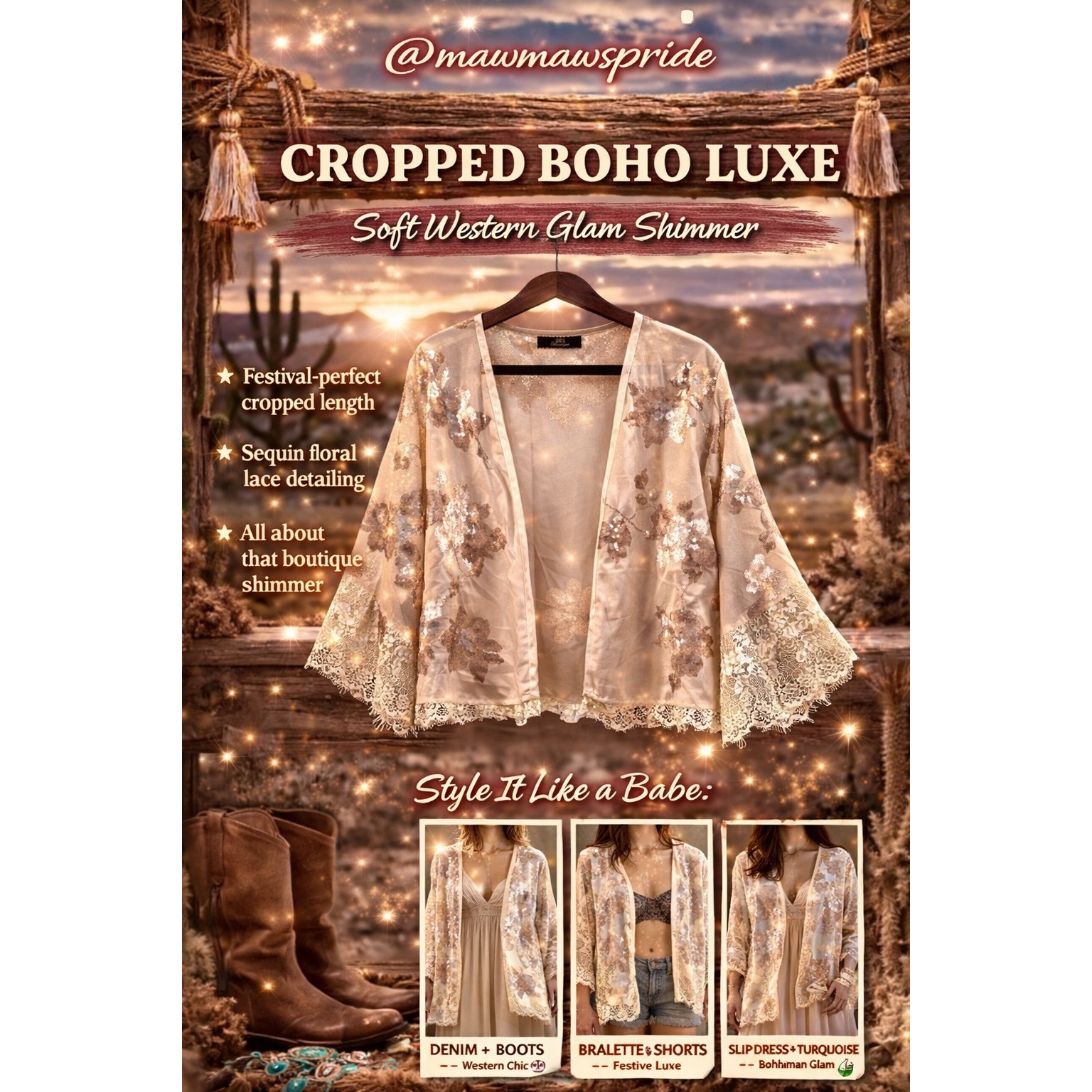 Bke Boutique Cropped Sequin Kimono Cardigan Cream Boho Lace Festival Western S